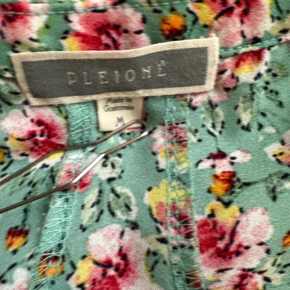Pleione Womens Floral Sleeveless Blouse Green Pink Yellow Scoop Neck Top Medium - Picture 3 of 8